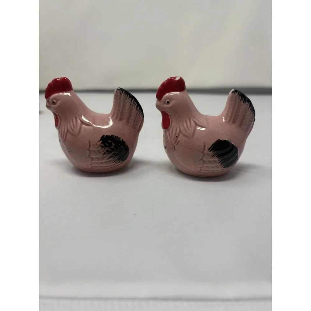 Vintage Pink Red Chicken Ceramic Salt & Pepper Shakers Farmhouse Cottage MCM